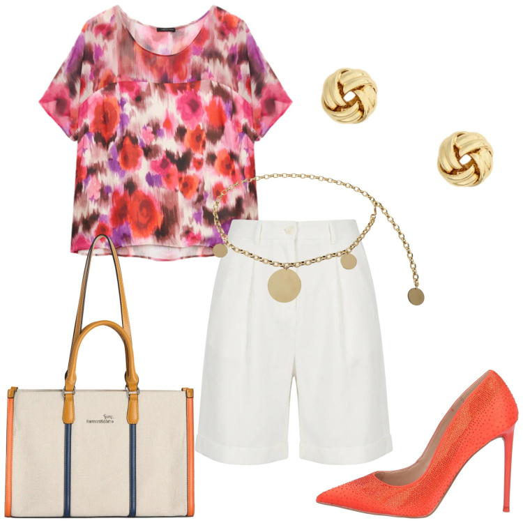 Outfit donna - Total look #2419428. Stile Glamour per Serata fuori. Abbinamento con décolleté, borse tote, bluse, orecchini, cinture, bermuda.