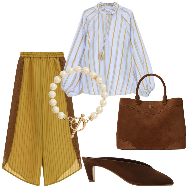 Outfit donna - Total look #2419430. Stile Glamour per Serata fuori. Abbinamento con collane, borse a mano, pantaloni a palazzo, bluse, sabot.