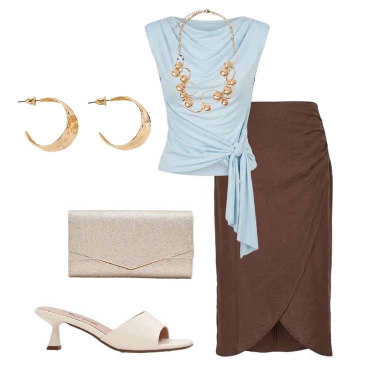 Outfit donna - Eleganza curve morbide. Stile Glamour per Serata fuori. Abbinamento con sandali, orecchini, clutch, collane, top, gonne longuette.