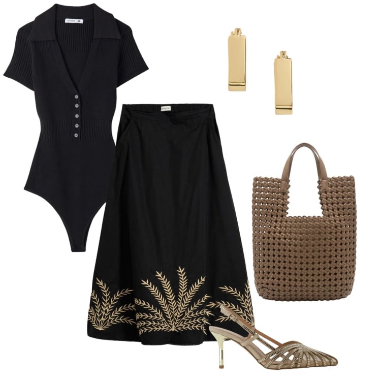 Outfit donna - Total look #2419440. Stile Chic per Serata fuori. Abbinamento con gonne lunghe, t-shirt, orecchini, décolleté, borse tote.
