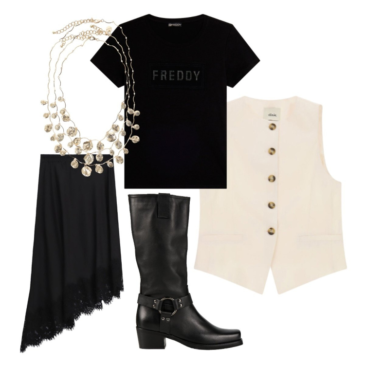 Outfit donna - Gonna midi asimmetrica. Stile Casual chic per Cerimonia. Abbinamento con stivali, gonne longuette, t-shirt, collane, gilet.