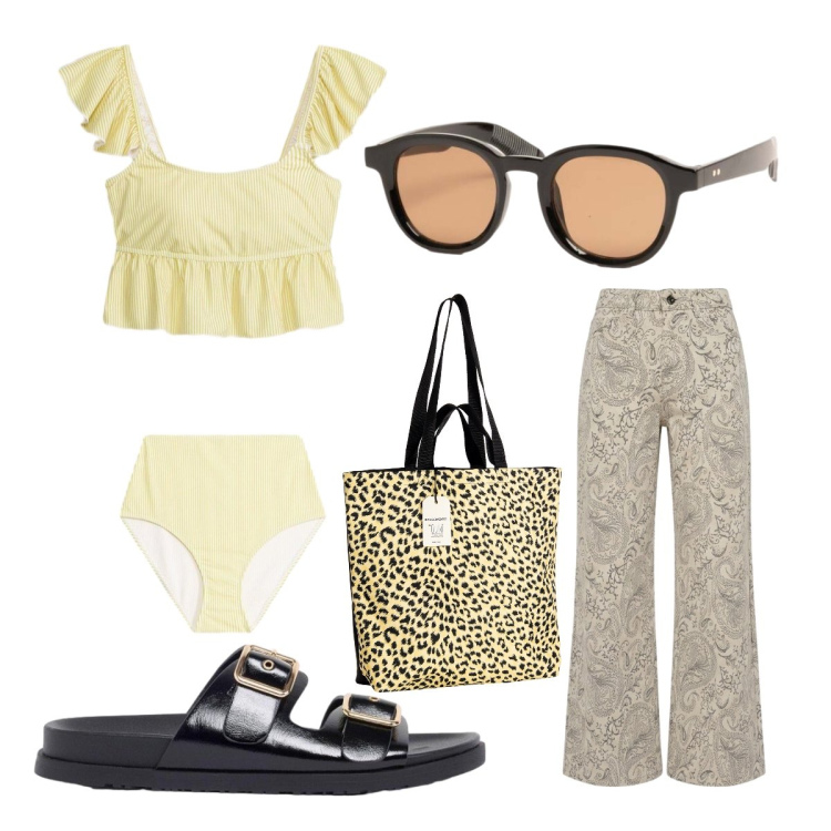 Outfit donna - Giugno. Stile 70s per Mare. Abbinamento con costumi interi, sandali, borse tote, jeans a zampa, occhiali da sole.
