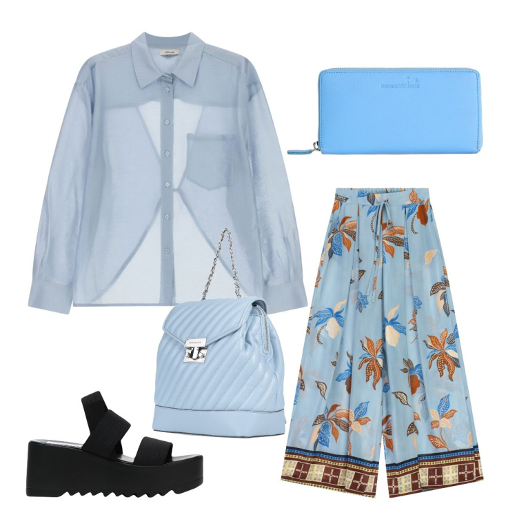 Outfit donna - Trasparente ma fresca. Stile Bon Ton per Tutti i giorni. Abbinamento con zaini, sandali col tacco, portafogli, pantaloni a palazzo, camicie.