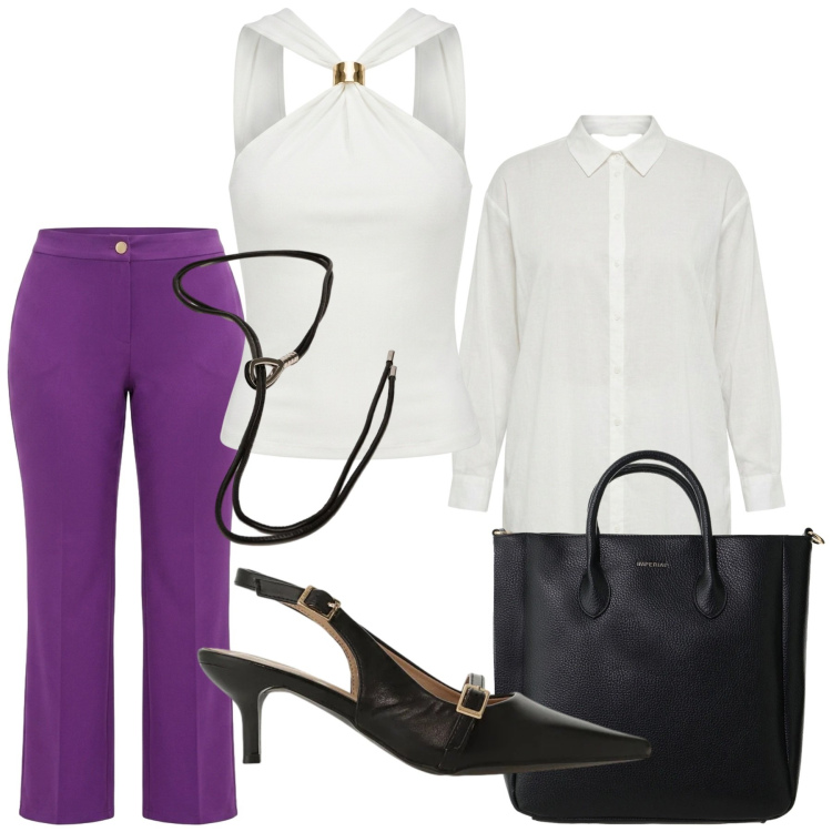 Outfit donna - Total look #2419451. Stile Casual chic per Ufficio. Abbinamento con sandali col tacco, borse a tracolla, cinture, top, camicie, pantaloni.