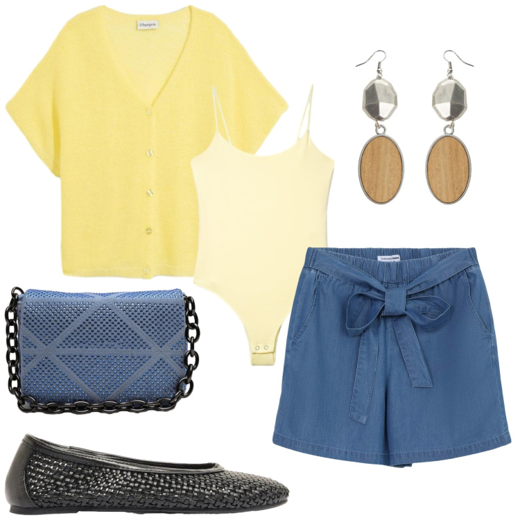 Outfit donna - Total look #2419455. Stile Basic per Tutti i giorni. Abbinamento con ballerine, cardigans, shorts, canottiere, orecchini, borse a tracolla.