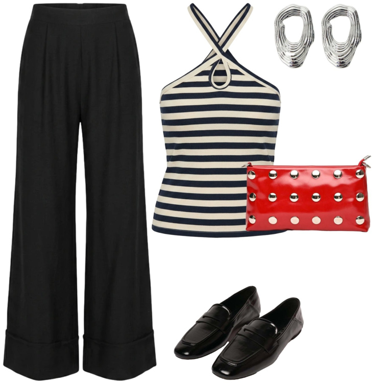 Outfit donna - Eleganza curvy. per Serata fuori. Abbinamento con orecchini, pantaloni a palazzo, mocassini, canottiere, borse a tracolla.