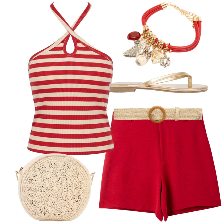 Outfit donna - Vacanze. Stile Casual per Mare. Abbinamento con sandali, borse a tracolla, shorts, cinture, top, braccialetti con ciondoli.