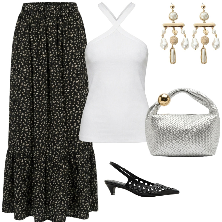 Outfit donna - Eleganza curvy. per Serata fuori. Abbinamento con décolleté, orecchini, borse a mano, canottiere, gonne lunghe.