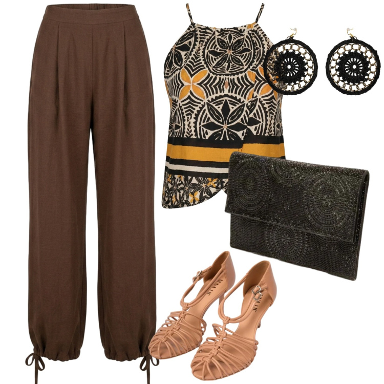 Outfit donna - Eleganza curvy. per Serata fuori. Abbinamento con orecchini, canottiere, pantaloni a palazzo, sandali in pelle, clutch.