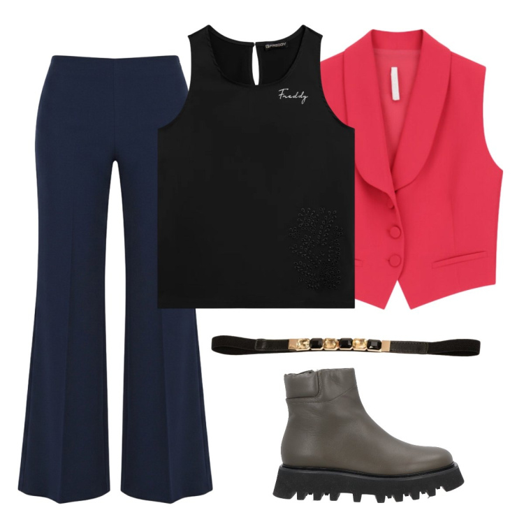 Outfit donna - Giugno. Stile Preppy per Scuola/Università. Abbinamento con stivaletti, gilet, top, pantaloni a palazzo, cinture.