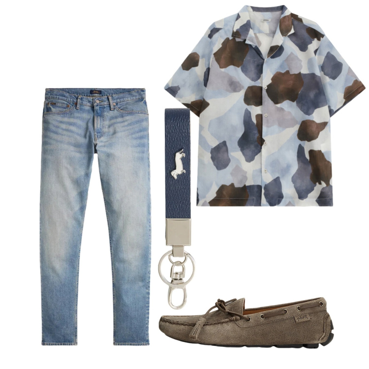 Outfit uomo - Giugno. Stile Casual per Tutti i giorni. Abbinamento con camicie a manica corta, portachiavi, scarpe stringate, jeans.