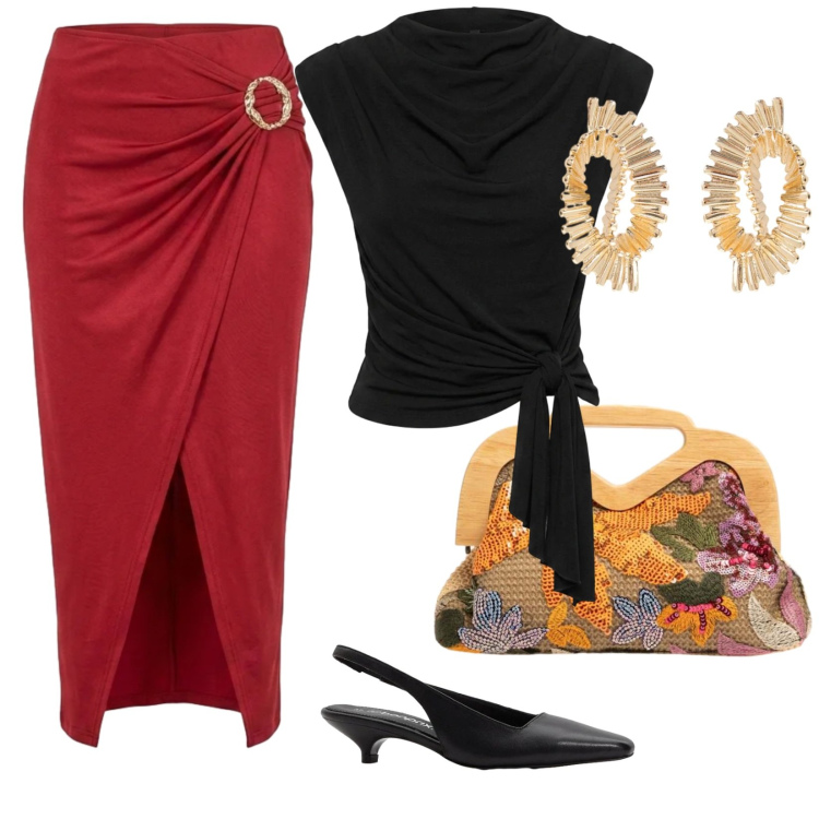 Outfit donna - Eleganza curvy. per Serata fuori. Abbinamento con décolleté, orecchini, gonne longuette, top, clutch.