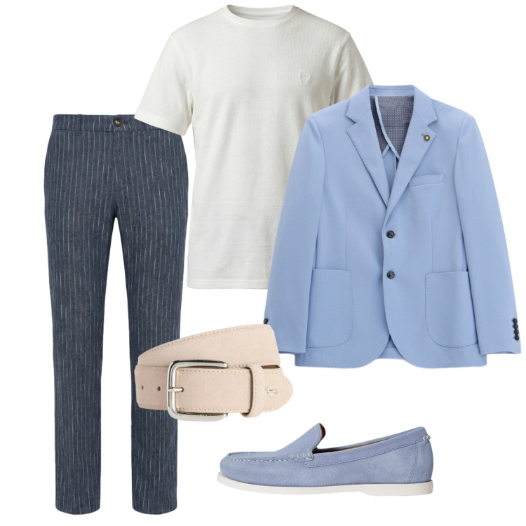 Outfit uomo - Luminoso. Stile Trendy per Tutti i giorni. Abbinamento con giacche, cinture, t-shirt, pantaloni, scarpe stringate.