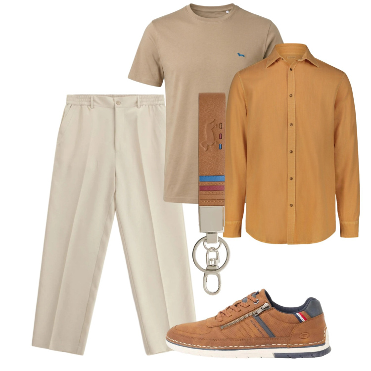 Outfit uomo - Giugno in città. Stile Casual per Tutti i giorni. Abbinamento con sneakers, portachiavi, t-shirt, camicie, pantaloni.