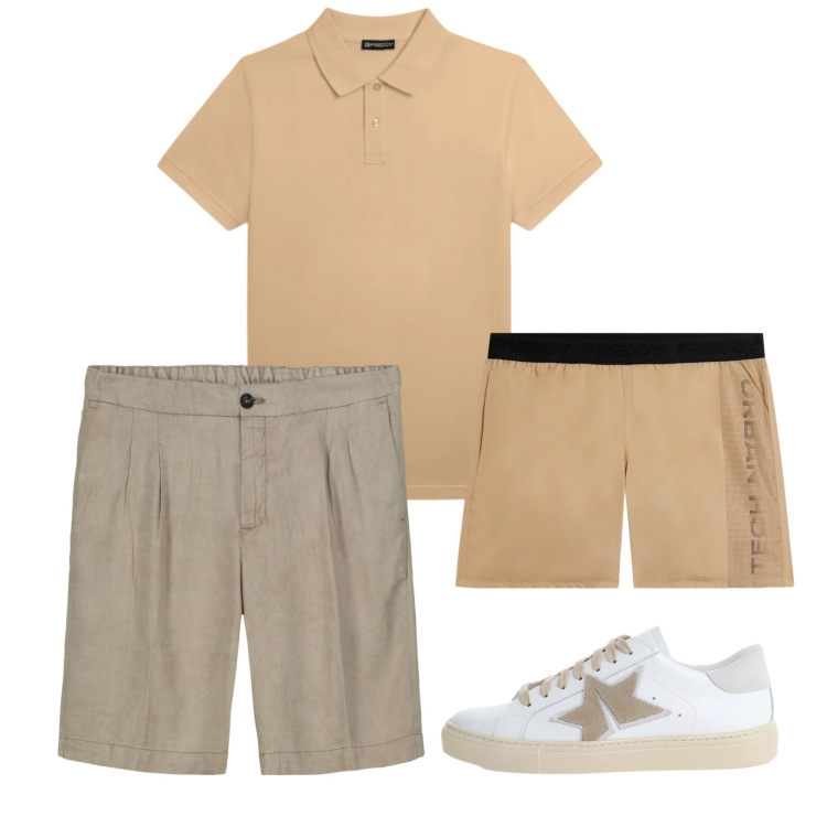Outfit uomo - Weekend. Stile Casual per Tutti i giorni. Abbinamento con polo, costumi, bermuda, sneakers.