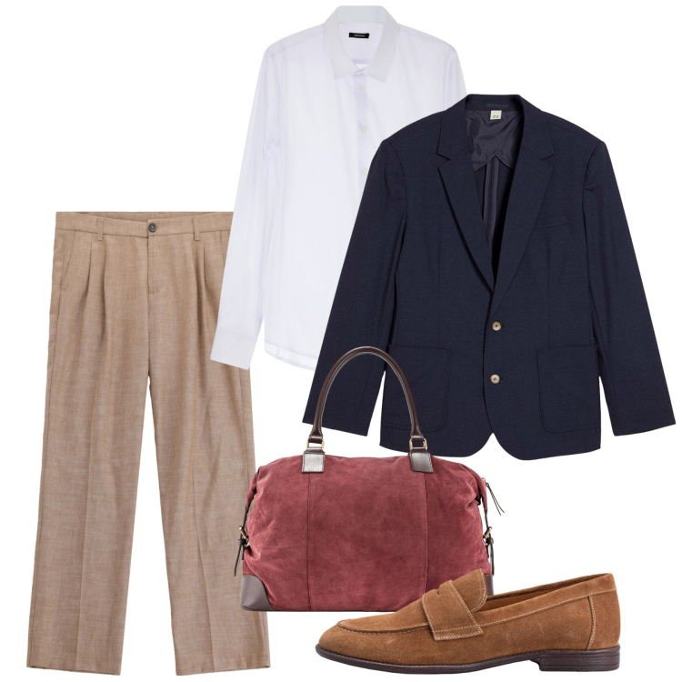 Outfit uomo - In viaggio. Stile Casual per Tutti i giorni. Abbinamento con giacche, borse sportive, scarpe stringate, camicie, pantaloni.