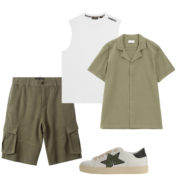 Outfit uomo - Fine settimana. Stile Casual per Tutti i giorni. Abbinamento con bermuda, camicie a manica corta, sneakers, canottiere.