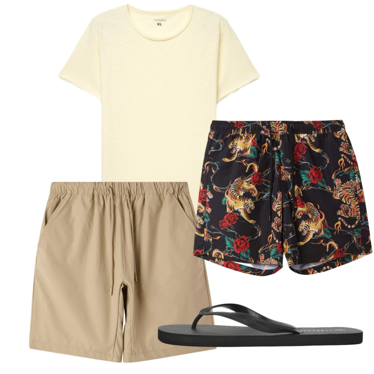 Outfit uomo - Giugno. Stile Casual per Mare. Abbinamento con costumi, shorts, sandali, t-shirt.
