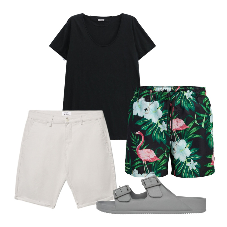 Outfit uomo - Bianco e nero al mare. Stile Casual per Mare. Abbinamento con costumi, sandali, shorts, t-shirt.