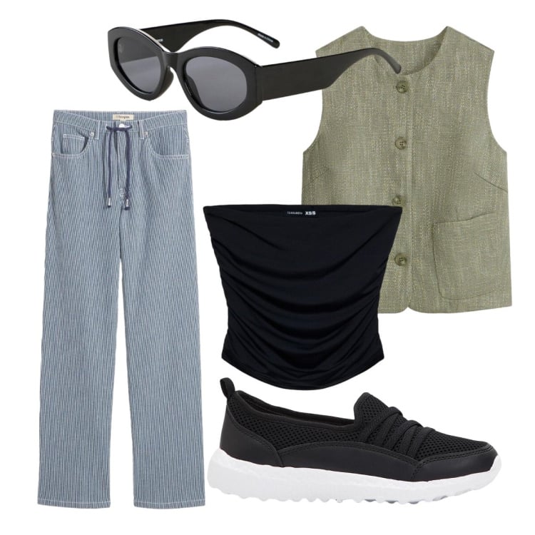 Outfit donna - Colori primaverili. Stile Urban per Tutti i giorni. Abbinamento con sneakers, jeans dritti, gilet, occhiali da sole, top.
