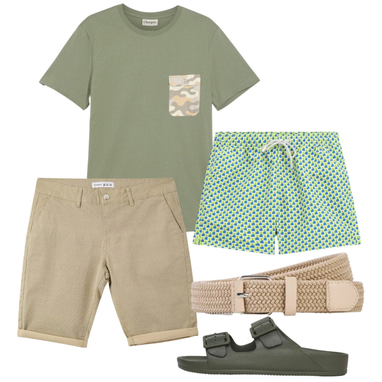 Outfit uomo - Green sea. Stile Casual per Mare. Abbinamento con cinture, t-shirt, pantaloni corti, sandali, costumi.