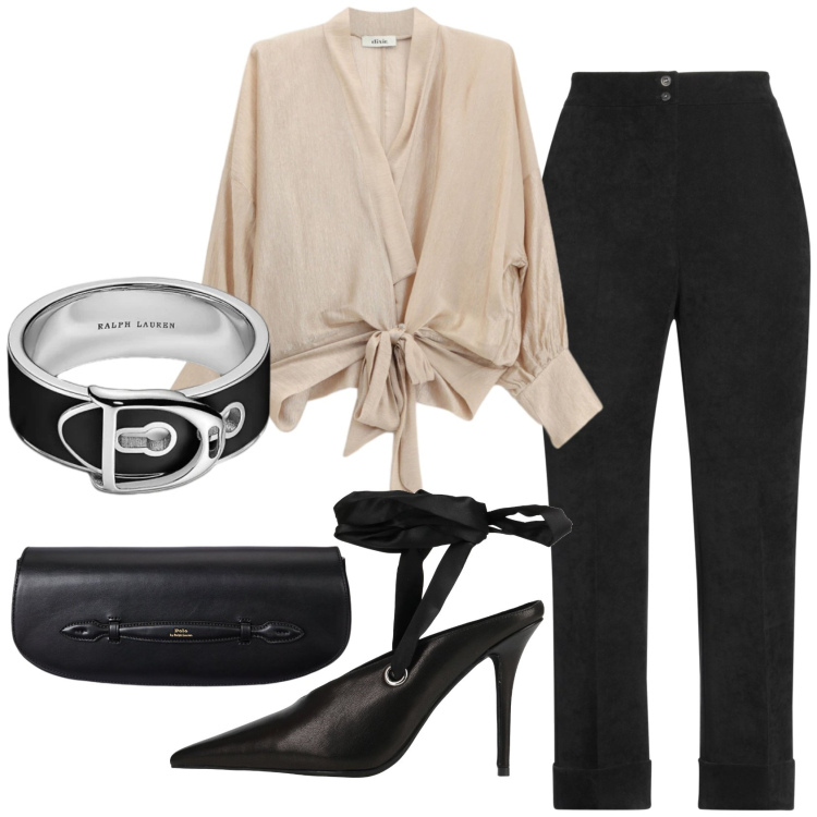 Outfit donna - Total look #2419492. Stile Chic per Serata fuori. Abbinamento con pantaloni, décolleté, clutch, anelli, bluse.