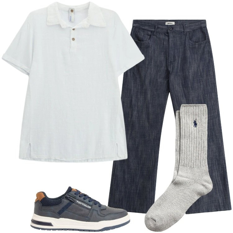 Outfit uomo - Denim-Estate. Stile Casual per Ufficio. Abbinamento con sneakers, calzini, jeans, polo.