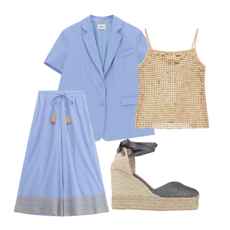 Outfit donna - Celeste + beige. Stile Chic per Cerimonia. Abbinamento con espadrillas, canottiere, pantaloni a palazzo, blazer.