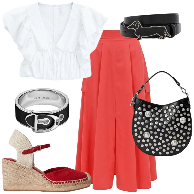 Outfit donna - Serata d\'estate. Stile Casual chic per Tutti i giorni. Abbinamento con cinture, top, gonne lunghe, borse a mano, zeppe, anelli.