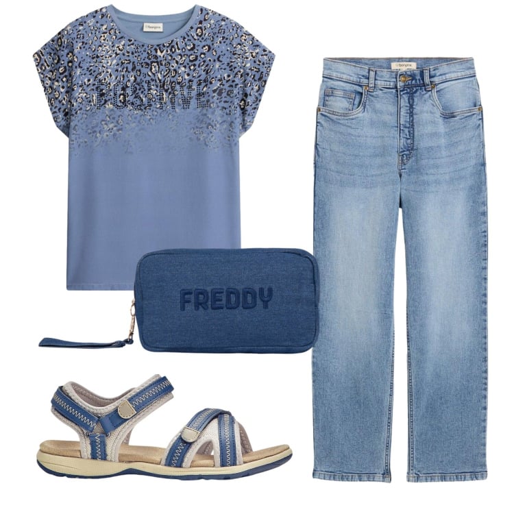 Outfit donna - Total look #2419505. Stile Casual per Tutti i giorni. Abbinamento con t-shirt, jeans, sandali, pochette.