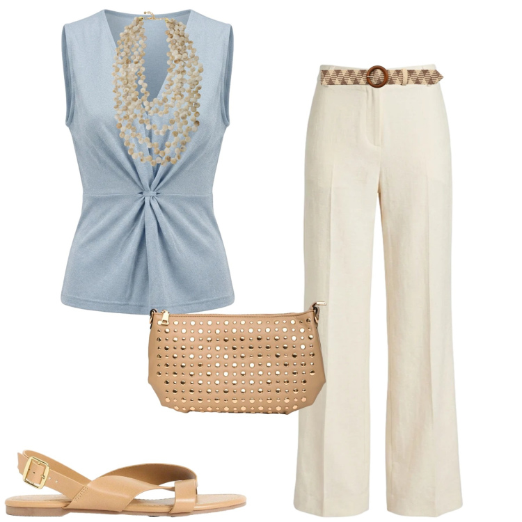 Outfit donna - Giugno. Stile Urban per Tutti i giorni. Abbinamento con sandali, cinture, collane, top, pantaloni, borse a tracolla.