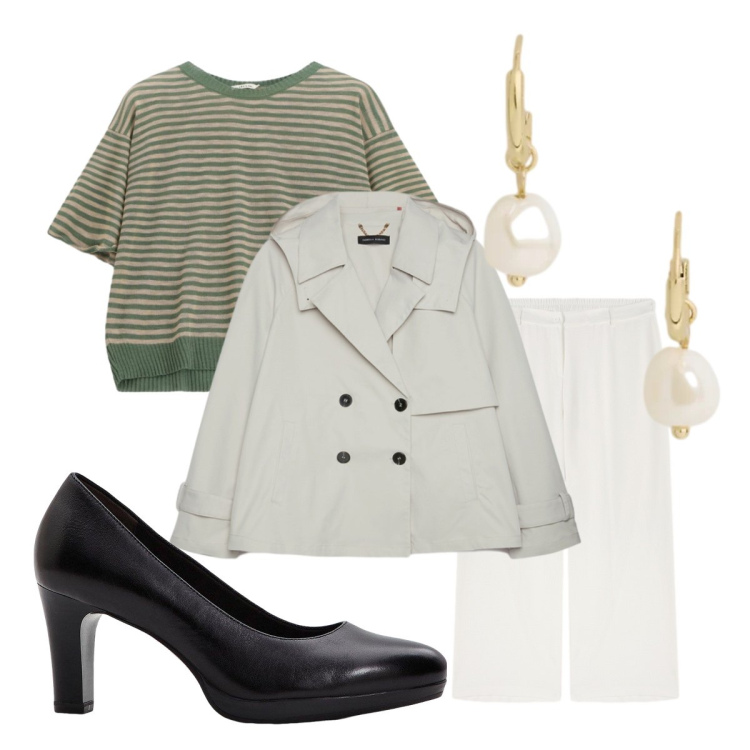 Outfit donna - Casual chic. Stile Casual chic per Tutti i giorni. Abbinamento con décolleté, trench, pantaloni, orecchini, maglieria.