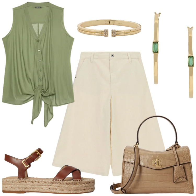 Outfit donna - Serata estiva. Stile Casual chic per Tutti i giorni. Abbinamento con bermuda, top, espadrillas, braccialetti, borse a mano, orecchini.