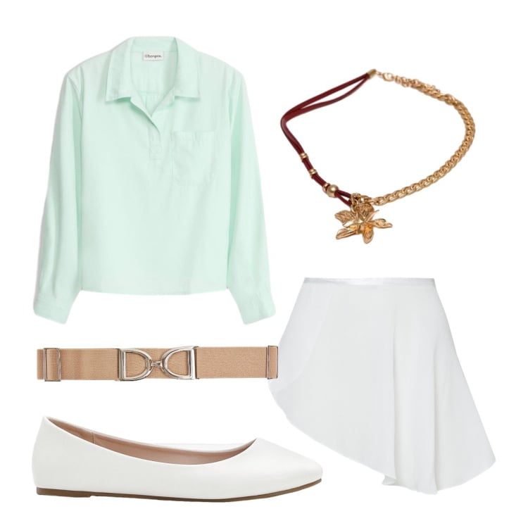 Outfit donna - Pranzo informale. Stile Preppy per Tutti i giorni. Abbinamento con tuniche, ballerine, cinture, minigonne, collane.