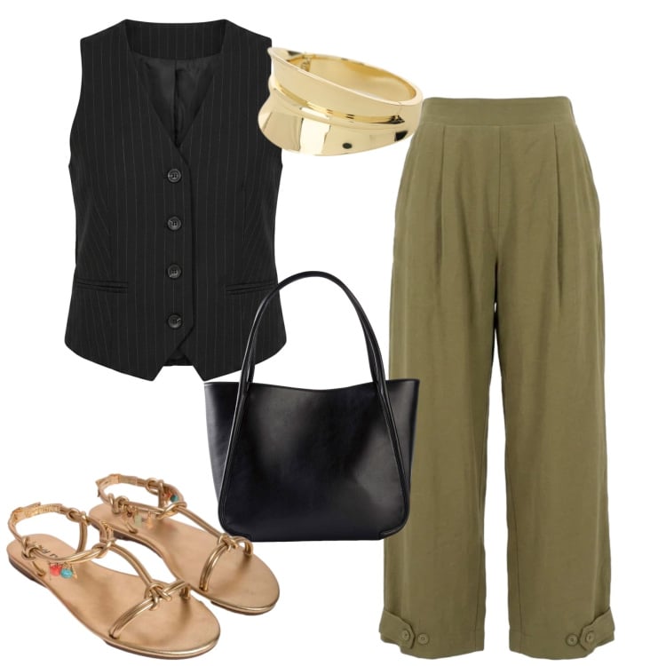 Outfit donna - Giugno. Stile Casual chic per Tutti i giorni. Abbinamento con shopping bag, top, braccialetti, gilet, pantaloni, sandali in pelle.