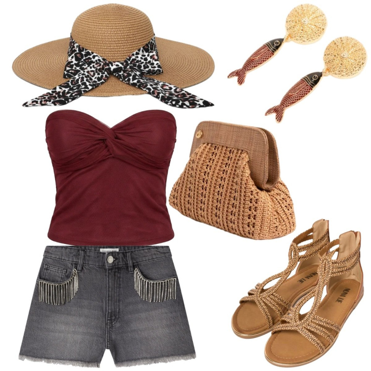 Outfit donna - Sogno d\'estate. Stile Casual chic per Tutti i giorni. Abbinamento con cappelli, shorts, top, clutch, orecchini, sandali in pelle.