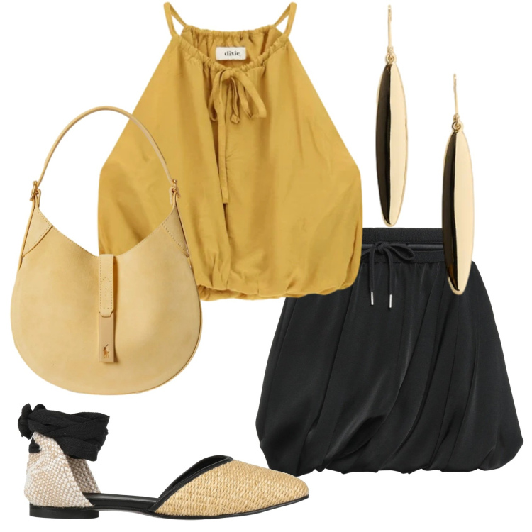 Outfit donna - Total look #2419514. Stile Trendy per Tutti i giorni. Abbinamento con minigonne, ballerine, borse a spalla, orecchini, top.