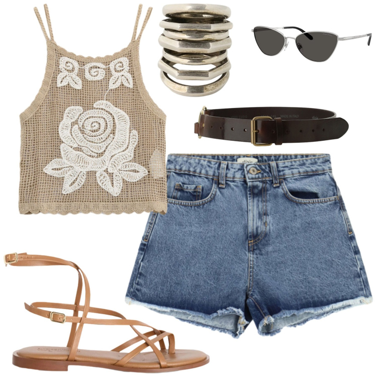 Outfit donna - Dixie. Stile Casual chic per Tutti i giorni. Abbinamento con sandali in pelle, occhiali da sole, anelli, top, cinture, shorts.
