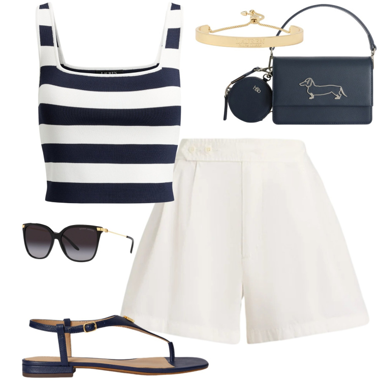 Outfit donna - Timeless. Stile Casual chic per Tutti i giorni. Abbinamento con borse a tracolla, occhiali da sole, top, sandali in pelle, braccialetti, shorts.