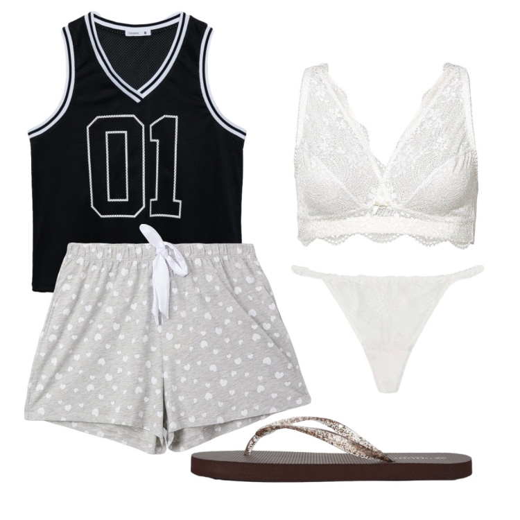 Outfit donna - Lingerie notte. Stile Sporty chic per Tutti i giorni. Abbinamento con perizomi, bralette, pigiama, infradito, canottiere.