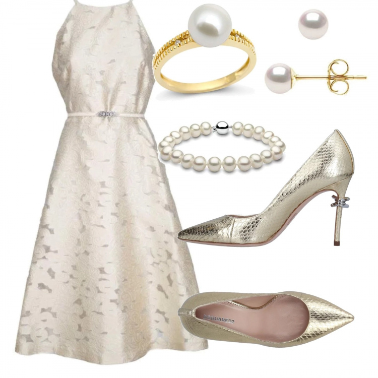 Outfit donna - White Pearl night. Stile Chic per Cerimonia. Abbinamento con décolleté con stampa effetto laminato a punta tinta unita, vestito forma svasata con cintura e scollo con zip in in maglia jacquard, orecchini con perle farfallina in oro giallo bianco, bracciale in oro bianco, anello in oro giallo.