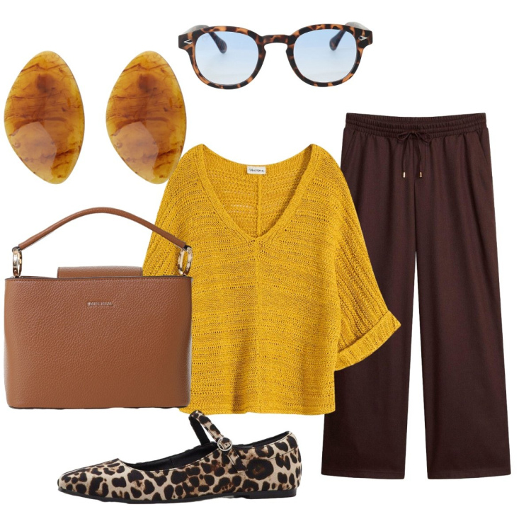 Outfit donna - Pronta per andare in ufficio. Stile Chic per Ufficio. Abbinamento con pantaloni, bluse, ballerine, borse a secchiello, occhiali da sole, cappotti.
