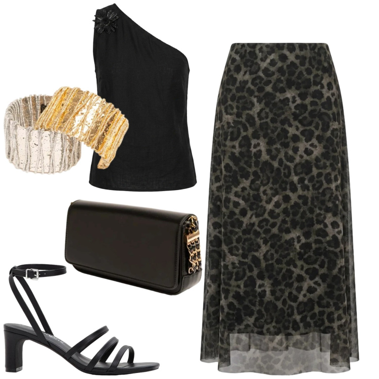 Outfit donna - Serata. Stile Chic per Serata fuori. Abbinamento con sandali col tacco, clutch, braccialetti, gonne longuette, top.
