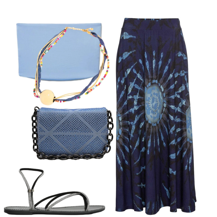 Outfit donna - Al mare. Stile Casual chic per Mare. Abbinamento con gonne, sandali, top, borse a tracolla, collane.