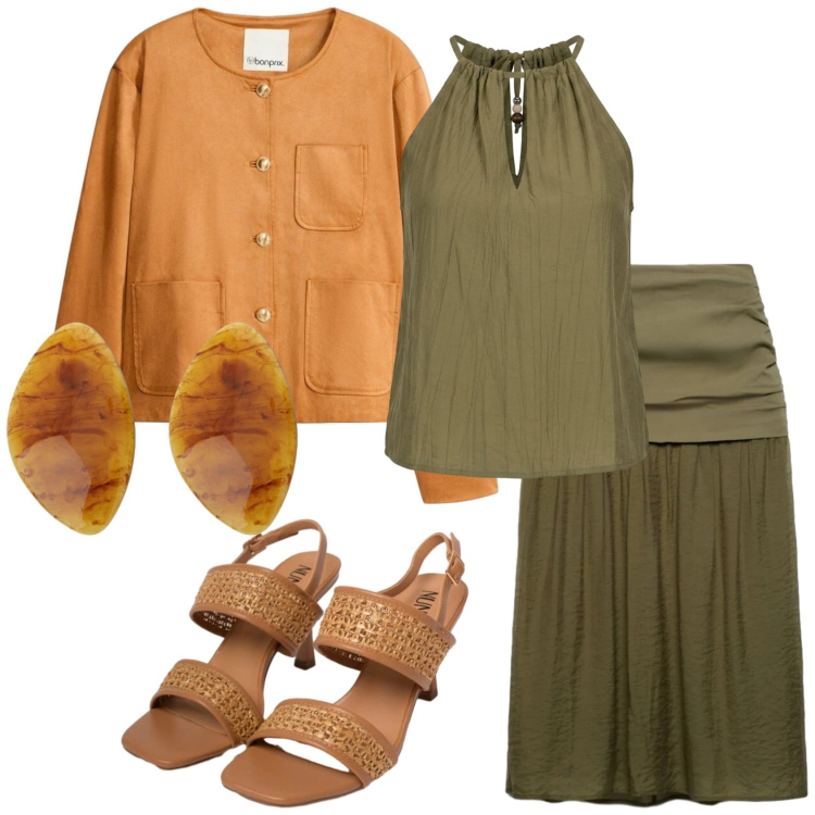 Outfit donna - Total look #2419536. Stile Basic per Ufficio. Abbinamento con blazer, gonne longuette, cappotti, sandali in pelle, top.