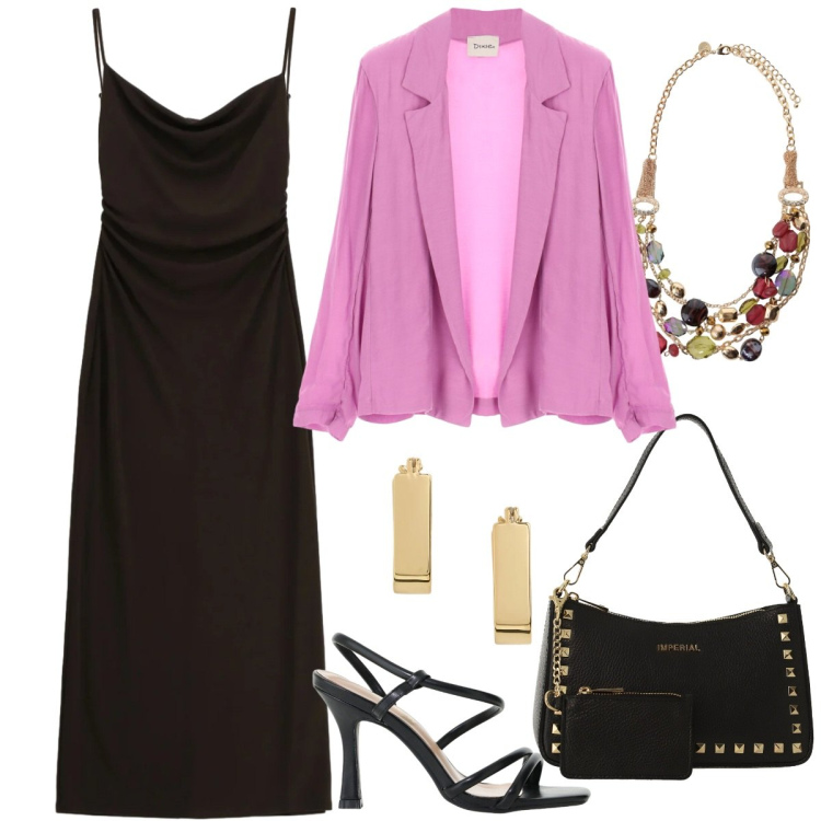 Outfit donna - Eleganza curvy per le sere di giugno. Stile Chic per Serata fuori. Abbinamento con borse a spalla, sandali col tacco, vestiti, orecchini, collane, blazer.