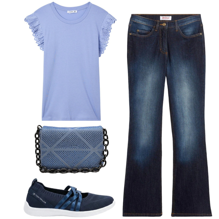 Outfit donna - Total look #2419538. Stile Basic per Tutti i giorni. Abbinamento con jeans bootcut, sneakers, t-shirt, borse a tracolla.