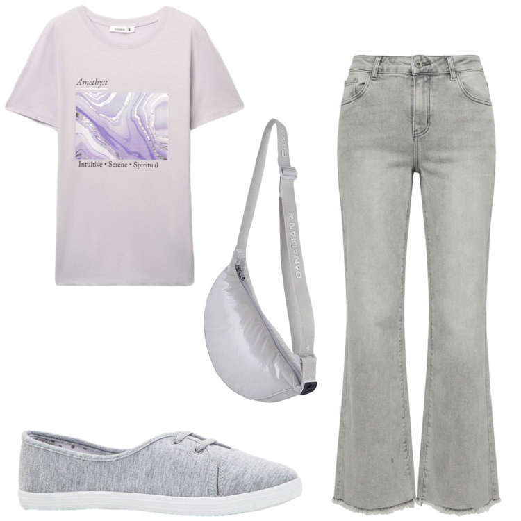 Outfit donna - Total look #2419541. Stile Basic per Tutti i giorni. Abbinamento con ballerine, t-shirt, borse a tracolla, jeans a zampa.