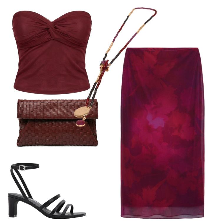 Outfit donna - Serata. Stile Chic per Serata fuori. Abbinamento con sandali col tacco, gonne longuette, clutch, collane, top.