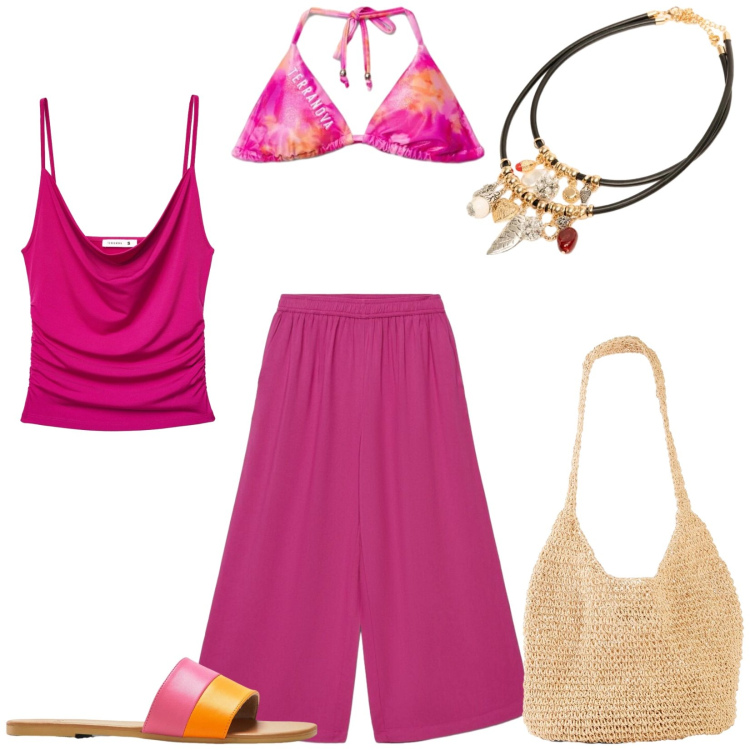 Outfit donna - Total look #2419544. Stile Glamour per Mare. Abbinamento con ciabatte, shopping bag, canottiere, pantaloni a palazzo, bikini, collane.